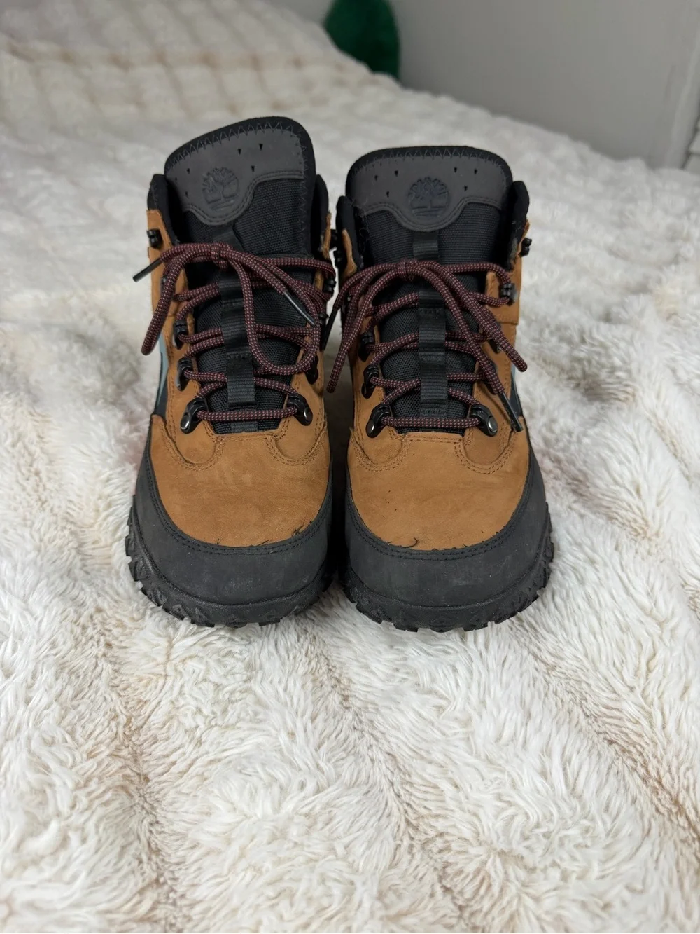 Timberland Kids Brown and Black Boots with Coral Midsole and Teal Accent